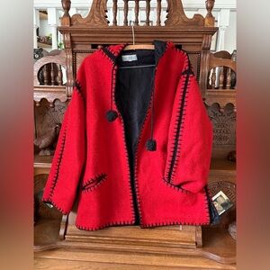 Vintage Red Hooded Wool Jacket with Black Crochet Trim
